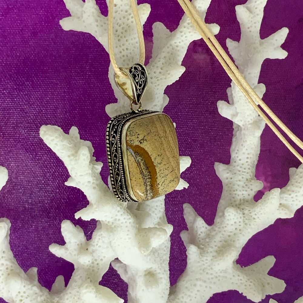 Picture Jasper Pendant Necklace 
on Beige Waxed Cotton Cord  Handmade